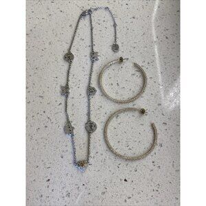 Vintage Juicy Couture Pave Heart Rhinestone Necklace Set Earrings Hoops Gold